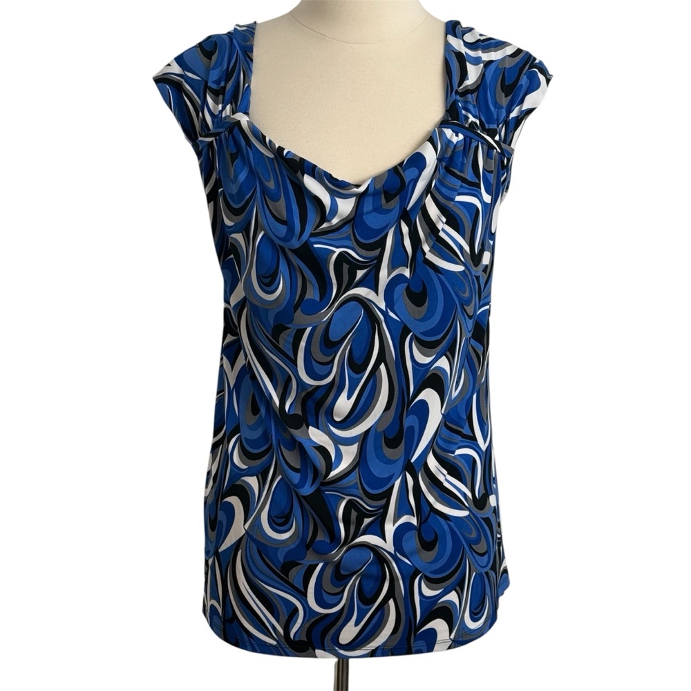 Cato Women's Sleeveless Multicolor Abstract Swirl Print Shirt Blue, Black, White